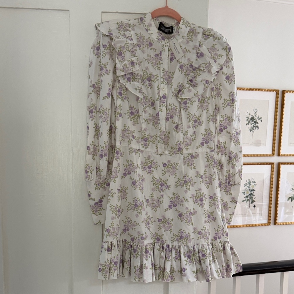 Tracy froth White & Lavender Floral Ruffle Mini toile Dress 6